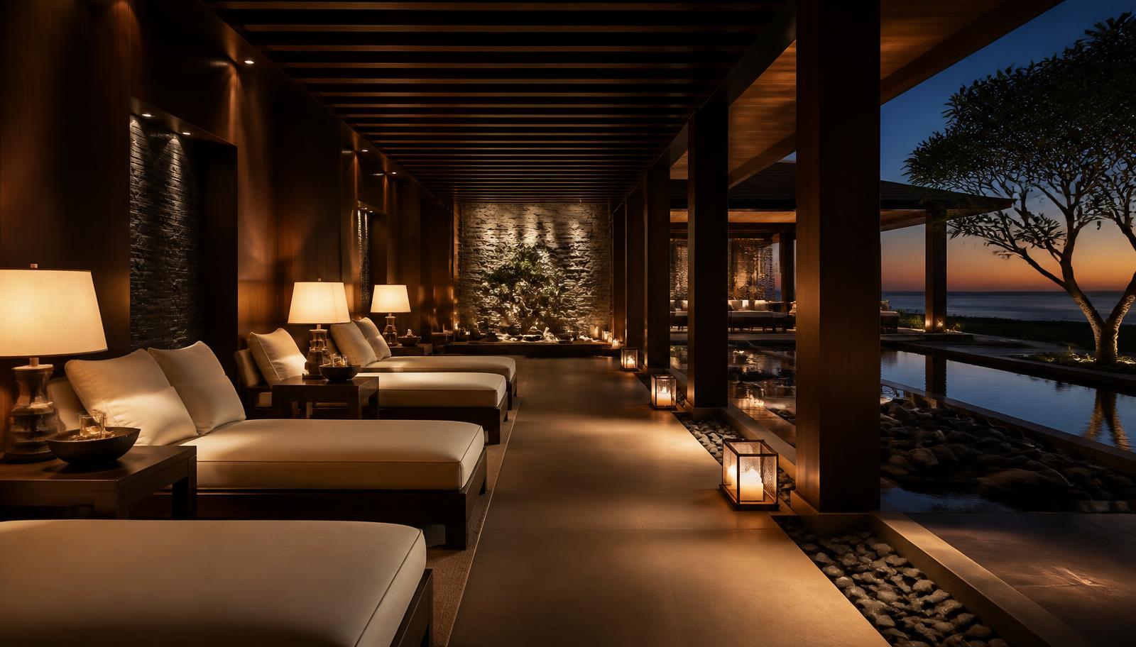 Luxury spa relaxation lounge at dusk